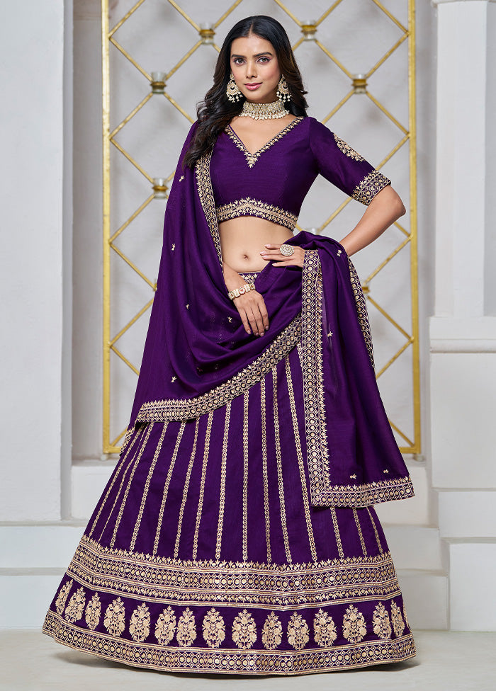 3 Pc Purple Silk Semi Stitched Lehenga Set