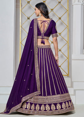 3 Pc Purple Silk Semi Stitched Lehenga Set