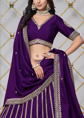 3 Pc Purple Silk Semi Stitched Lehenga Set