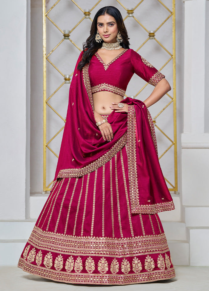 3 Pc Pink Silk Semi Stitched Lehenga Set