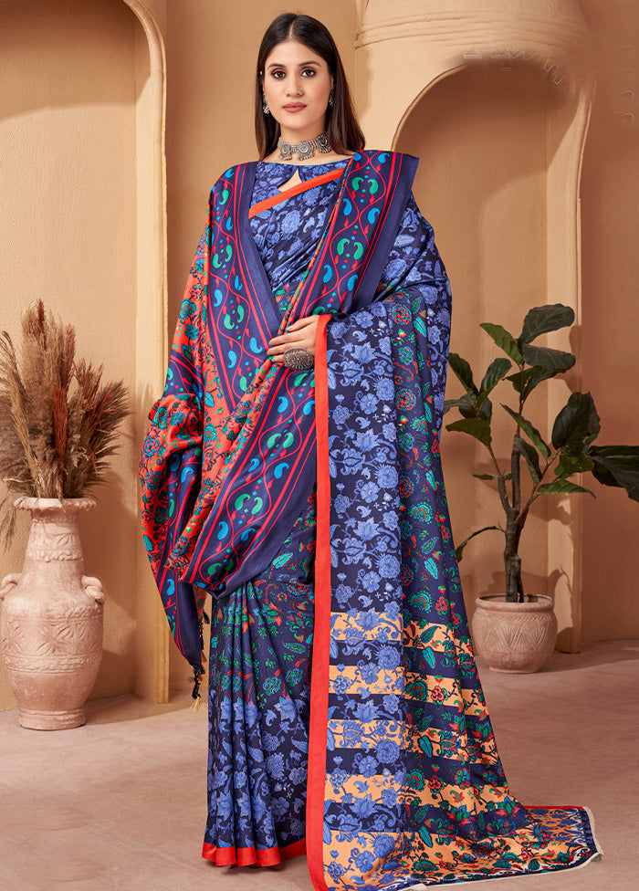 Blue Pasmina Silk Saree With Shawl And Blouse Piece