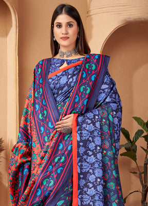 Blue Pasmina Silk Saree With Shawl And Blouse Piece