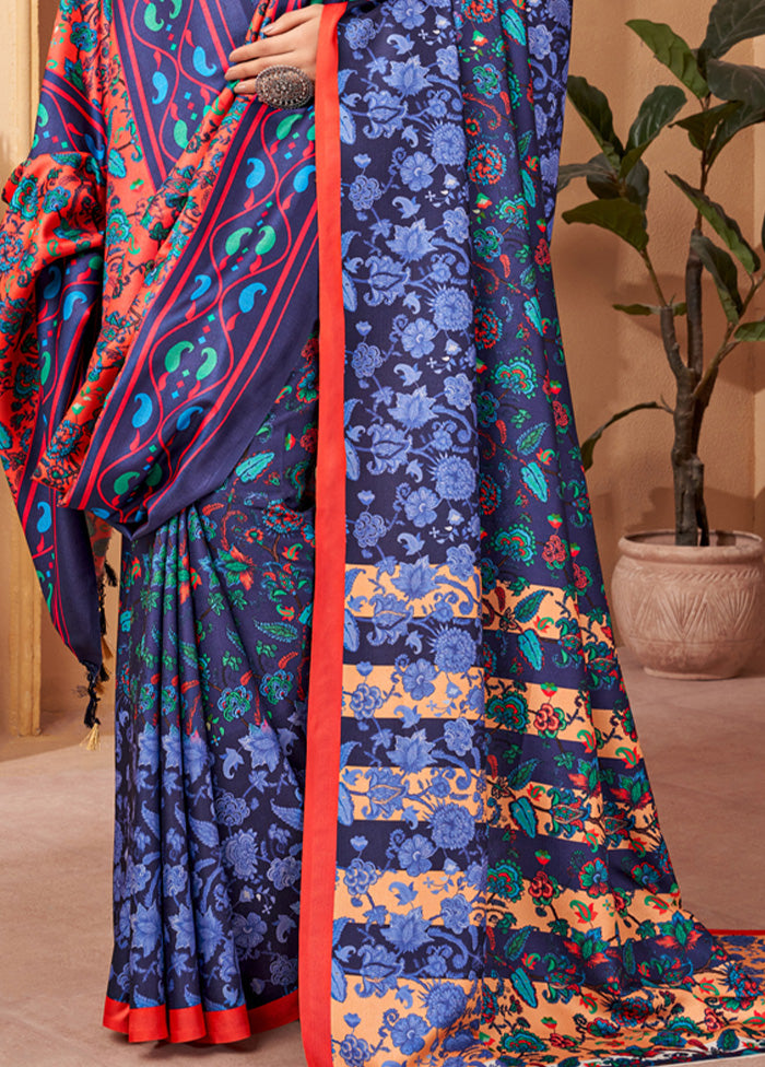 Blue Pasmina Silk Saree With Shawl And Blouse Piece