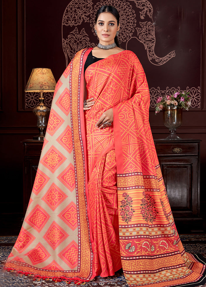 Orange Pasmina Silk Saree With Shawl And Blouse Piece