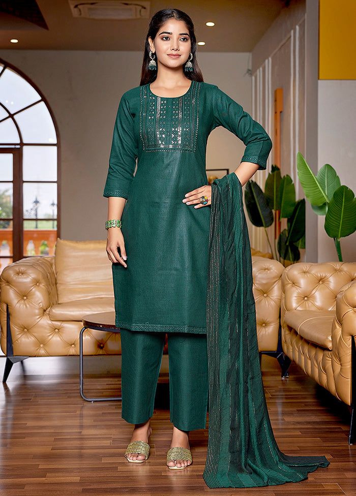 3 Pc Bottle Green Readymade Cotton Suit Set