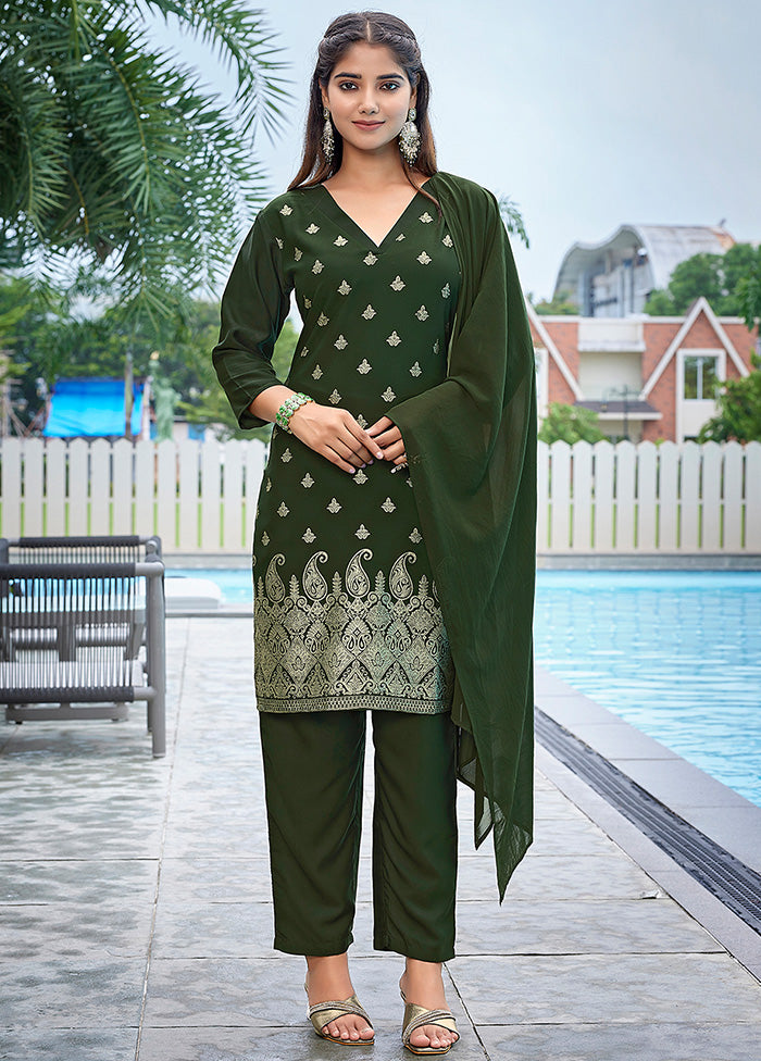 3 Pc Mehendi Readymade Silk Suit Set