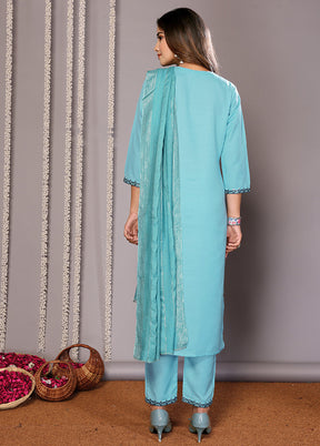 3 Pc Turquoise Blue Readymade Cotton Suit Set