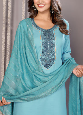 3 Pc Turquoise Blue Readymade Cotton Suit Set