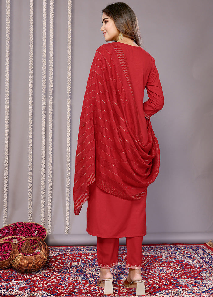 3 Pc Red Readymade Cotton Suit Set