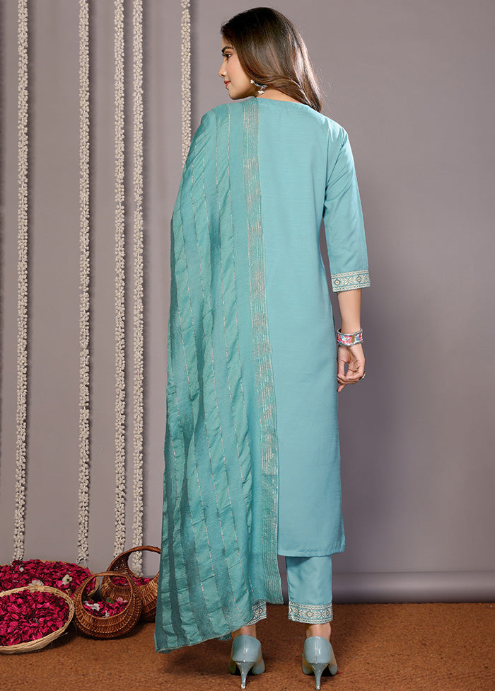 3 Pc Turquoise Blue Readymade Cotton Suit Set