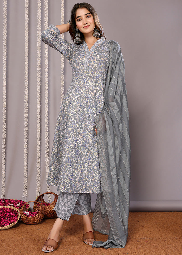 3 Pc Grey Readymade Cotton Suit Set