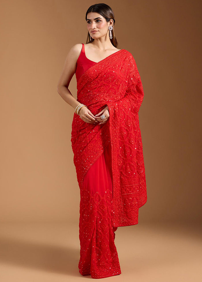 Red Spun Silk Saree With Blouse Piece