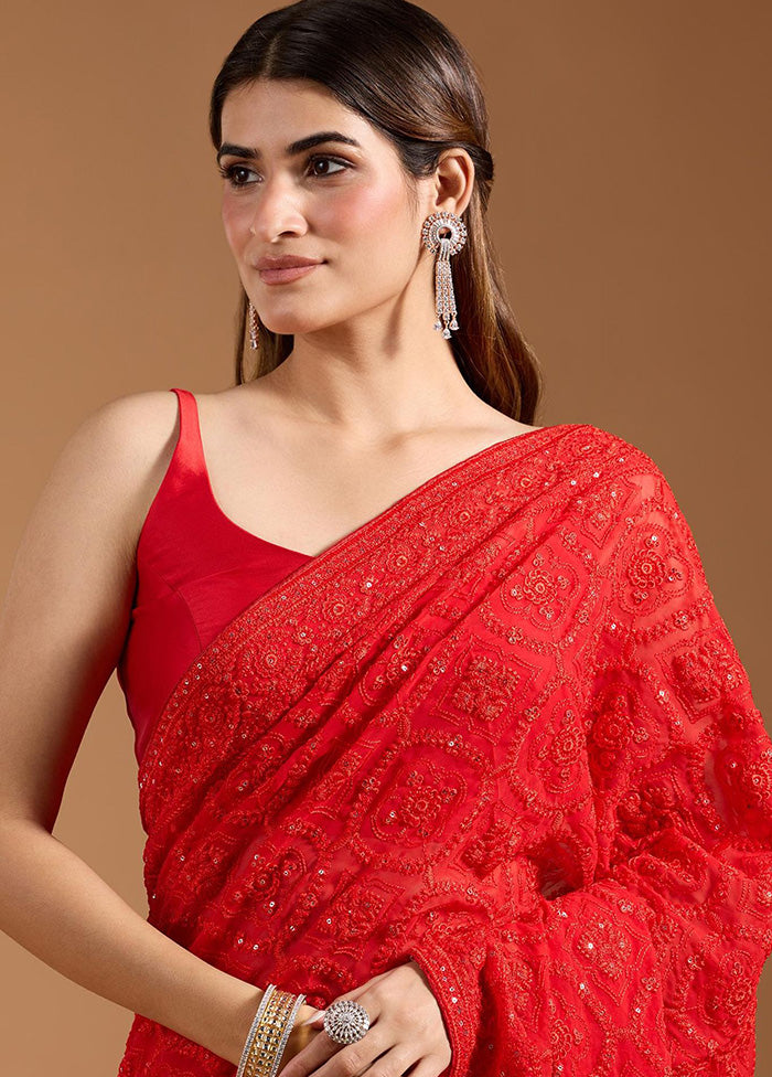 Red Spun Silk Saree With Blouse Piece