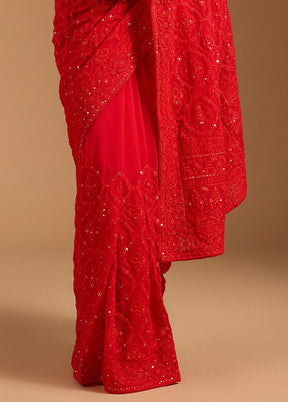 Red Spun Silk Saree With Blouse Piece