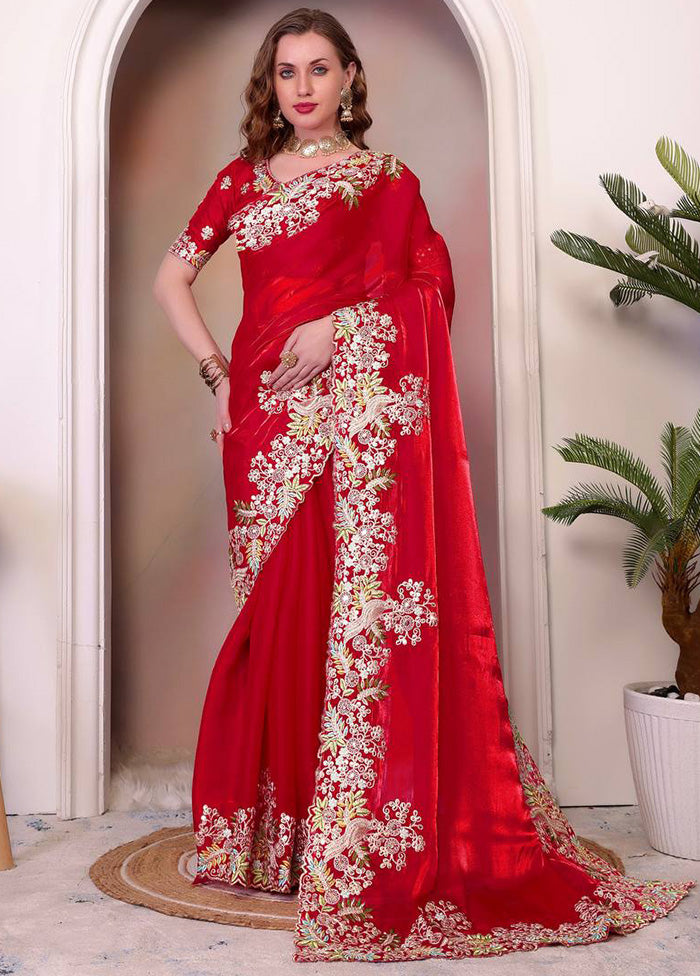 Red Spun Silk Saree With Blouse Piece