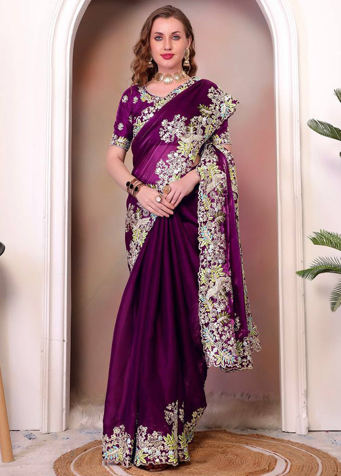 Voilet Spun Silk Saree With Blouse Piece