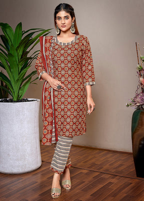 3 Pc Brown Readymade Cotton Suit Set