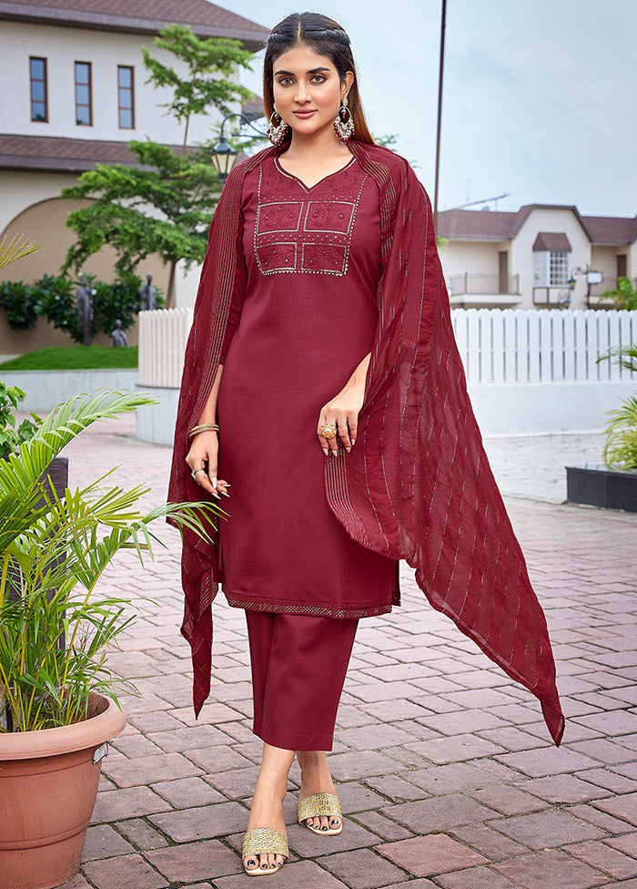 3 Pc Maroon Readymade Cotton Suit Set