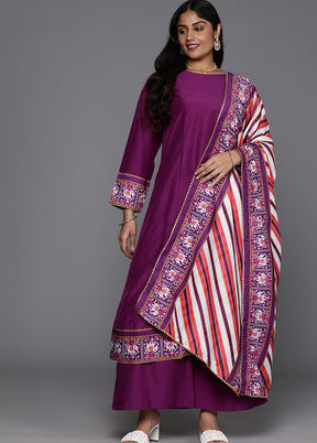 3 Pc Purple Readymade Silk Dupatta Suit Set