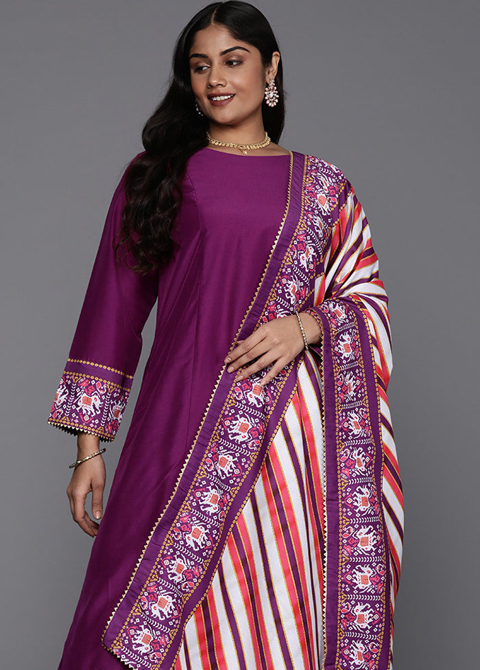 3 Pc Purple Readymade Silk Dupatta Suit Set