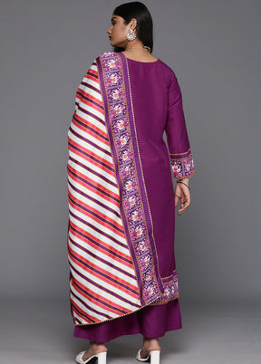 3 Pc Purple Readymade Silk Dupatta Suit Set