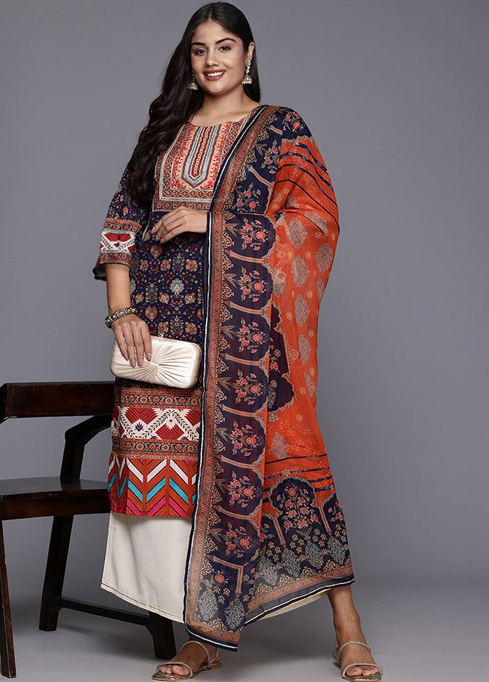 3 Pc Navy Blue Readymade Silk Dupatta Suit Set