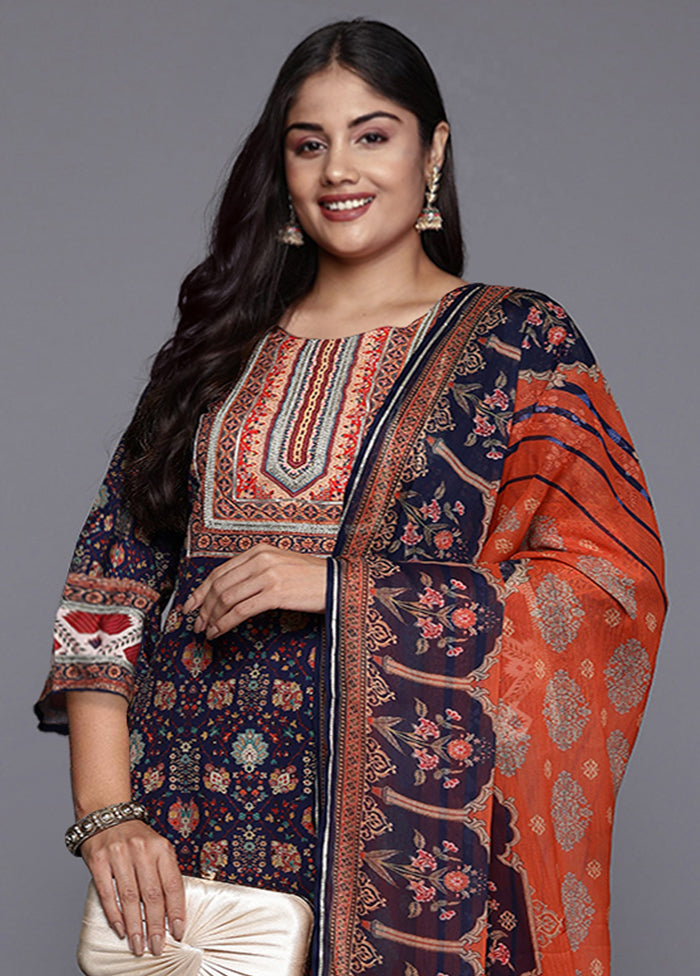 3 Pc Navy Blue Readymade Silk Dupatta Suit Set