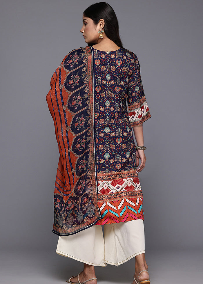 3 Pc Navy Blue Readymade Silk Dupatta Suit Set