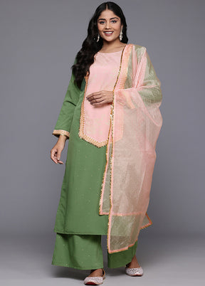 3 Pc Green Readymade Silk Dupatta Suit Set