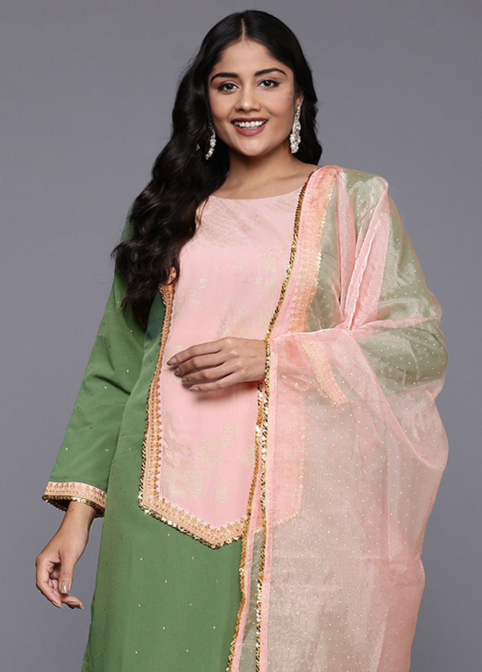 3 Pc Green Readymade Silk Dupatta Suit Set