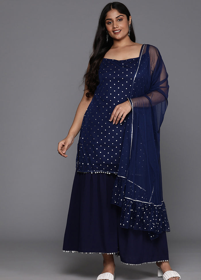 3 Pc Navy Blue Readymade Net Dupatta Suit Set