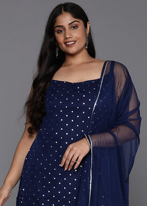 3 Pc Navy Blue Readymade Net Dupatta Suit Set