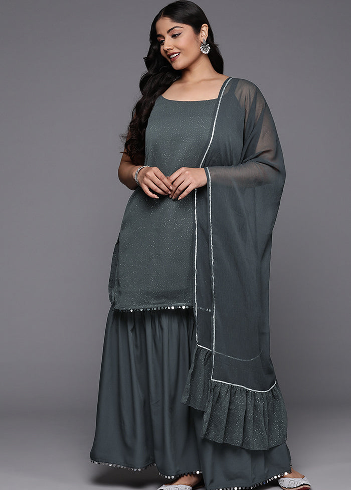 3 Pc Grey Readymade Silk Dupatta Suit Set