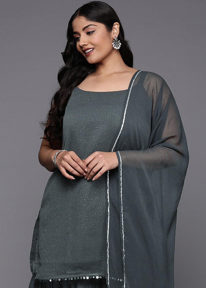 3 Pc Grey Readymade Silk Dupatta Suit Set