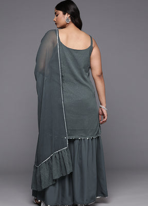 3 Pc Grey Readymade Silk Dupatta Suit Set