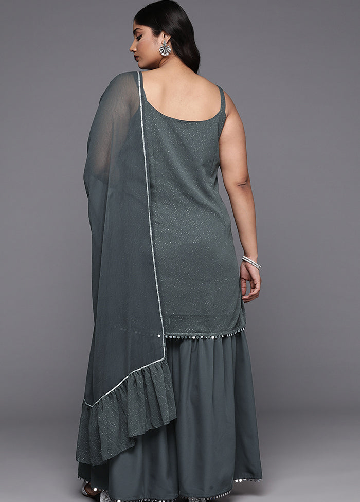 3 Pc Grey Readymade Silk Dupatta Suit Set