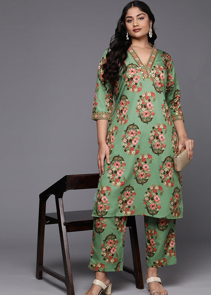 2 Pc Green Readymade Silk Kurti Set