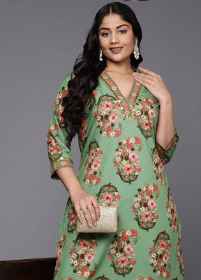 2 Pc Green Readymade Silk Kurti Set