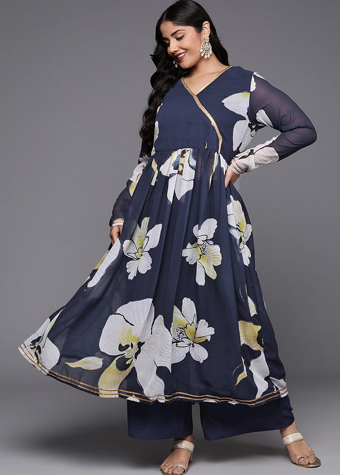 2 Pc Navy Blue Readymade Georgette Kurti Set