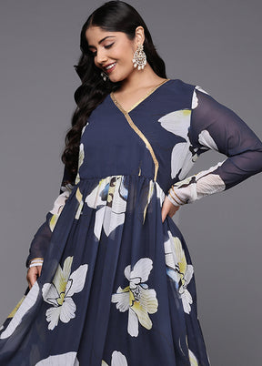 2 Pc Navy Blue Readymade Georgette Kurti Set