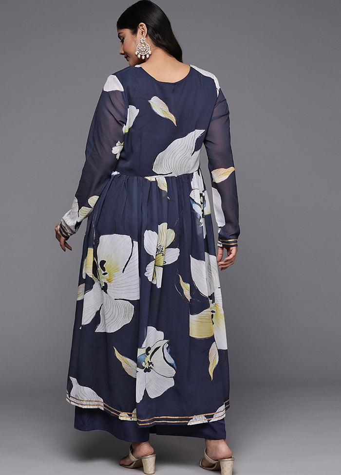 2 Pc Navy Blue Readymade Georgette Kurti Set