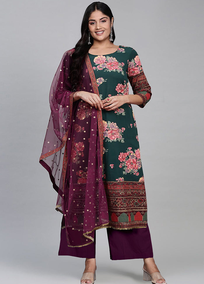 3 Pc Green Readymade Silk Dupatta Suit Set