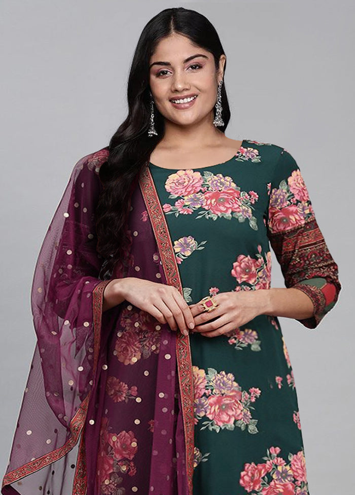 3 Pc Green Readymade Silk Dupatta Suit Set