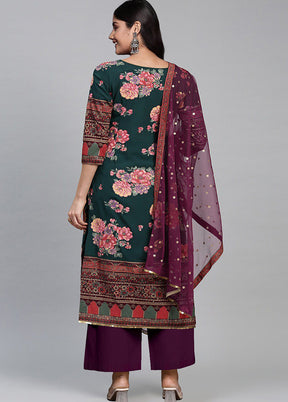 3 Pc Green Readymade Silk Dupatta Suit Set