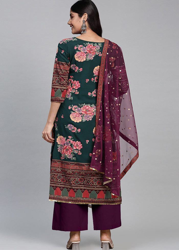 3 Pc Green Readymade Silk Dupatta Suit Set