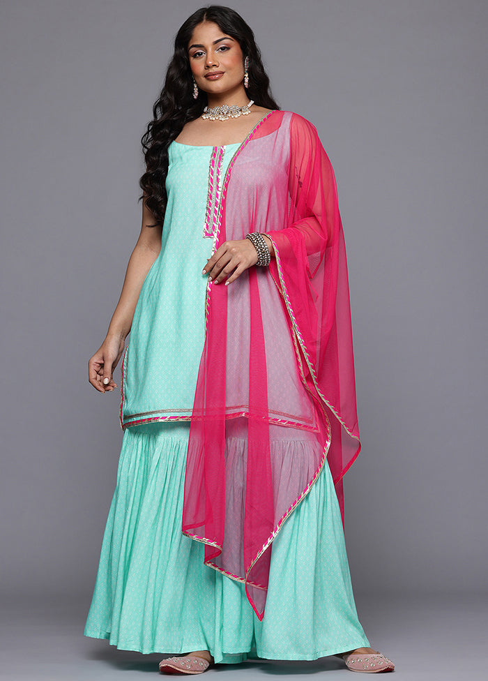 3 Pc Sea Green Readymade Viscose Dupatta Suit Set