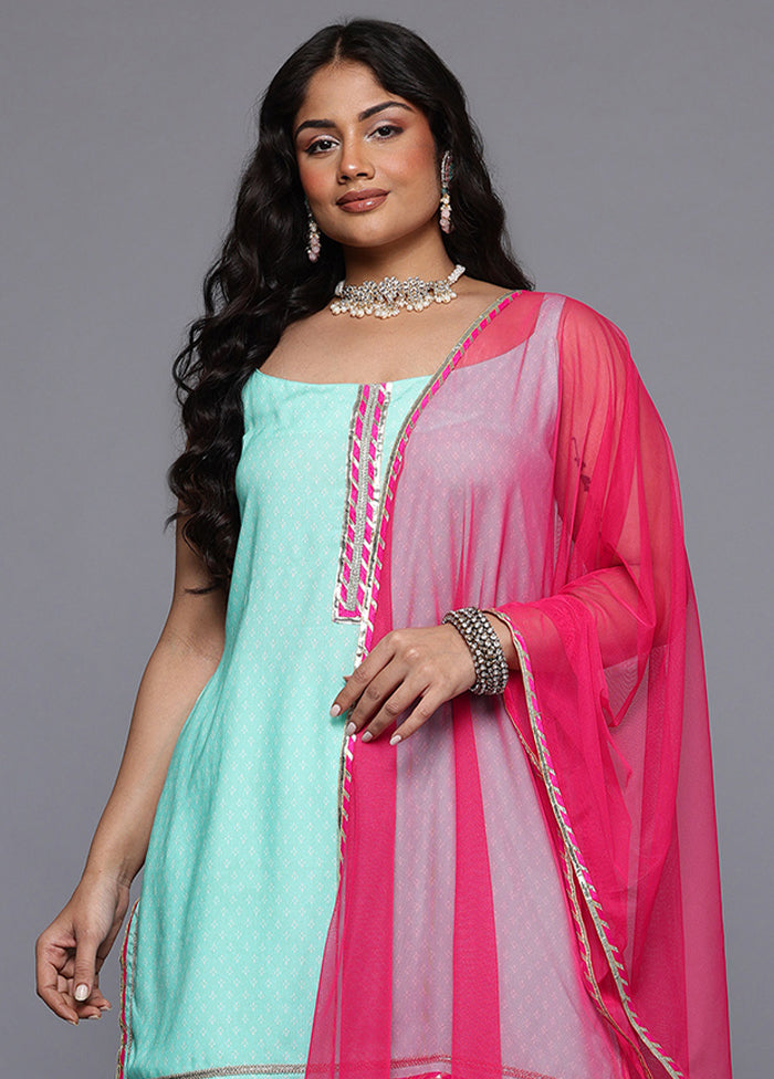 3 Pc Sea Green Readymade Viscose Dupatta Suit Set