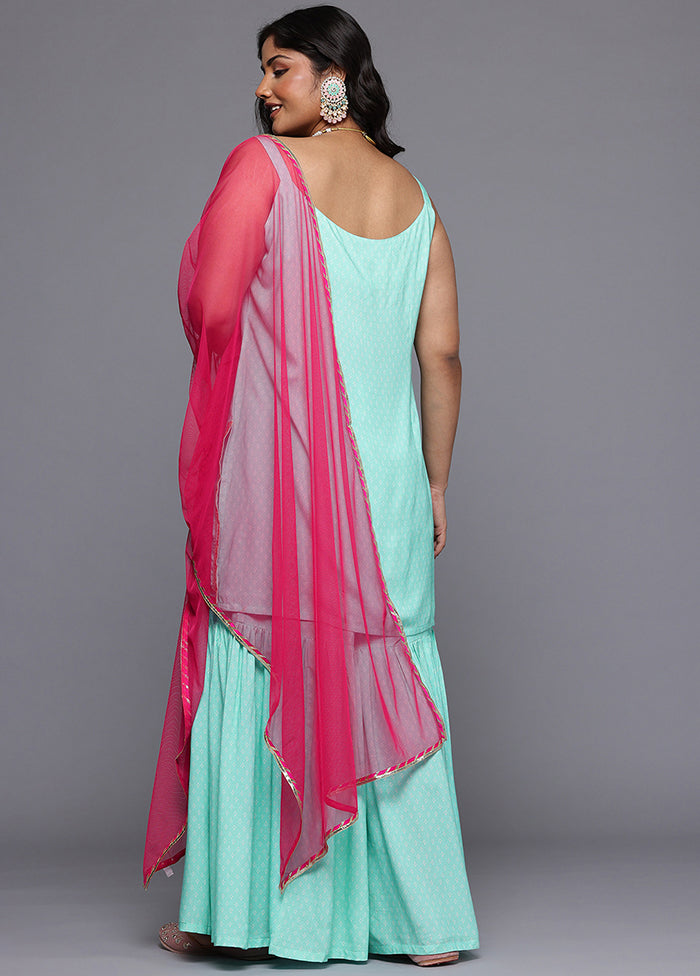 3 Pc Sea Green Readymade Viscose Dupatta Suit Set