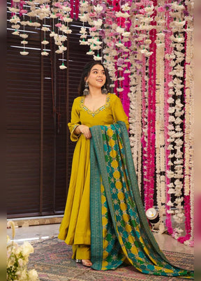3 Pc Mustard Yellow Chanderi Silk Suit Set