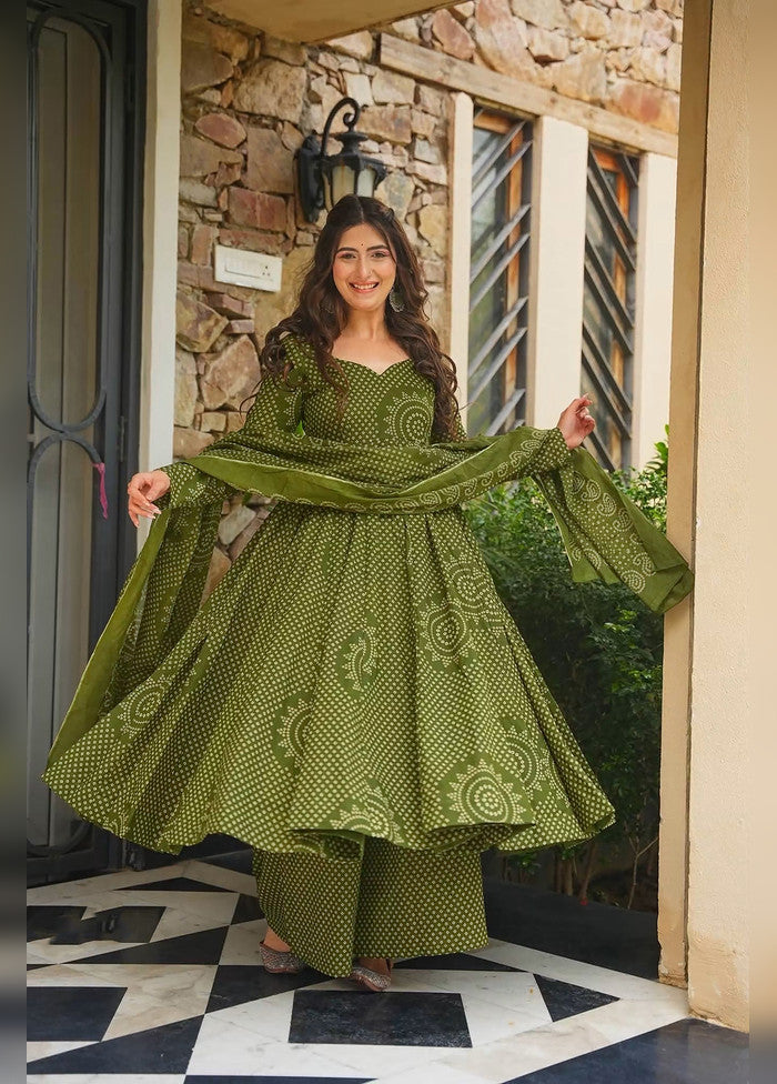 3 Pc Green Cotton Suit Set